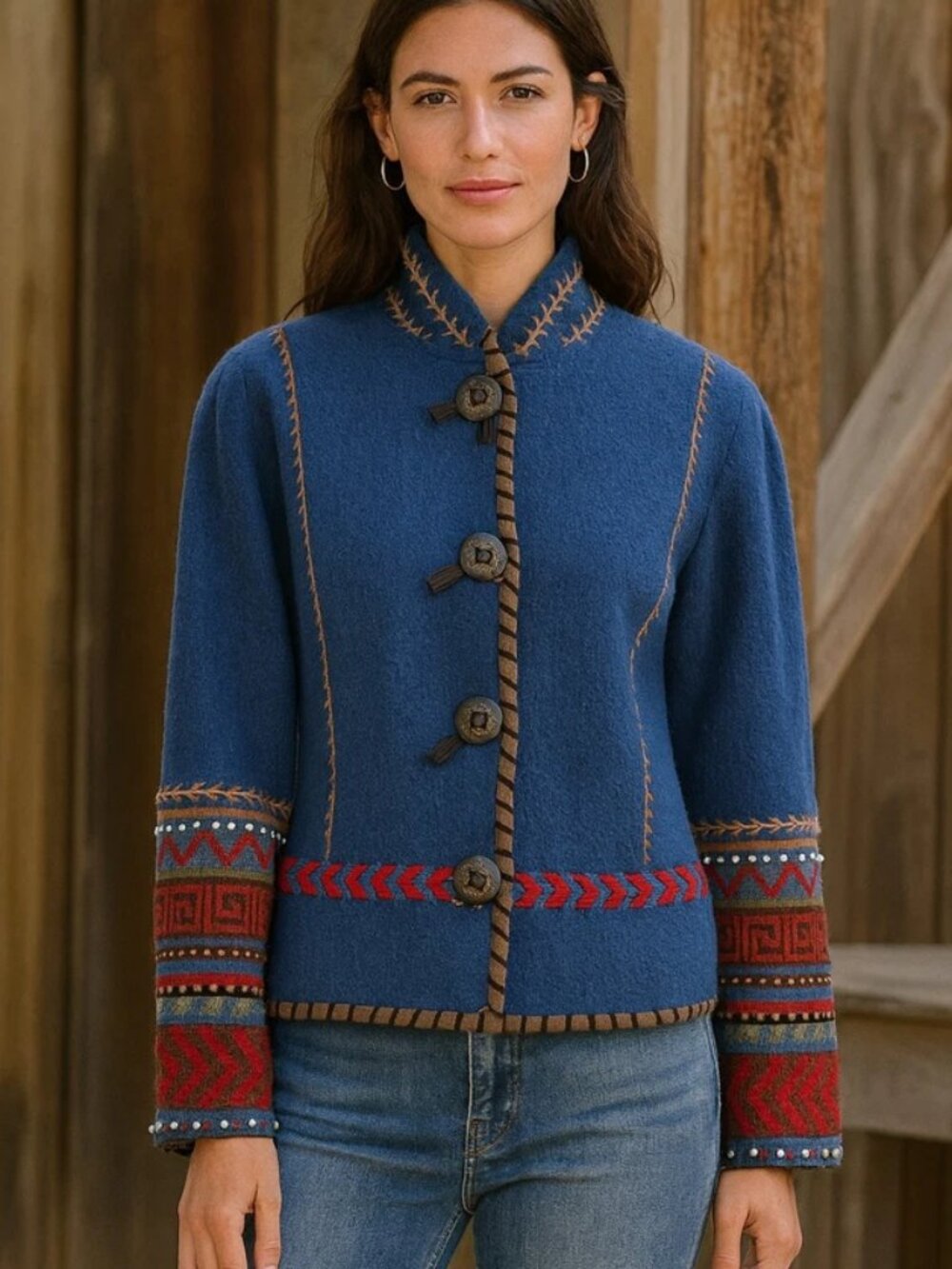 Coldwater Creek Boiled Wool Southwestern Concho Snap Sweater Jacket
